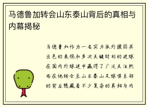 马德鲁加转会山东泰山背后的真相与内幕揭秘